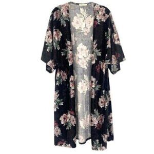 Newbury Kustom Women’s Black Velvet Floral Open Front Kimono